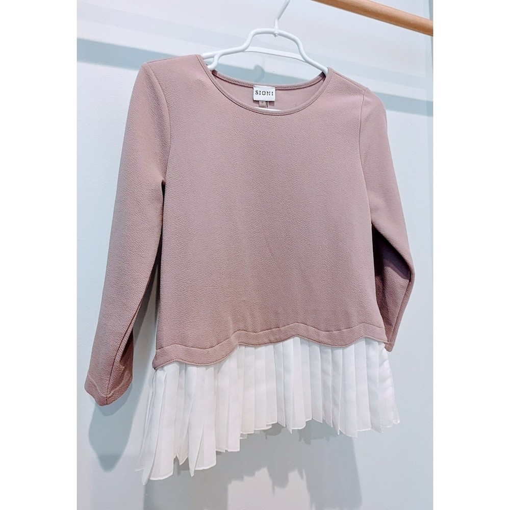 SIONI Pullover Smocked Bodice White Pleats Blush Pink Size S